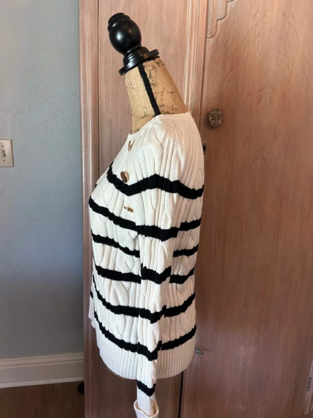 Talbots Black & White Breton Stripe cotton Cable Knit Crew Sweater nautical sz M